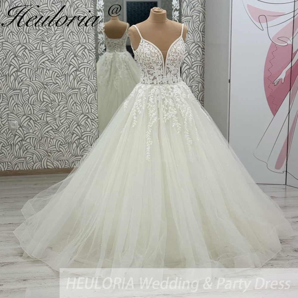 HEULORIA  elegant A line wedding dress Spaghetti Strap lace applique bridal dress Robe De Mariee Wedding Bride Dress AL-1048