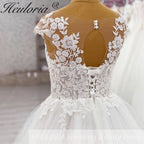 HEULORIA 3D Floral Lace A-Line Wedding Dress with Illusion V-Neck & Romantic Cap Sleeves AL-1042