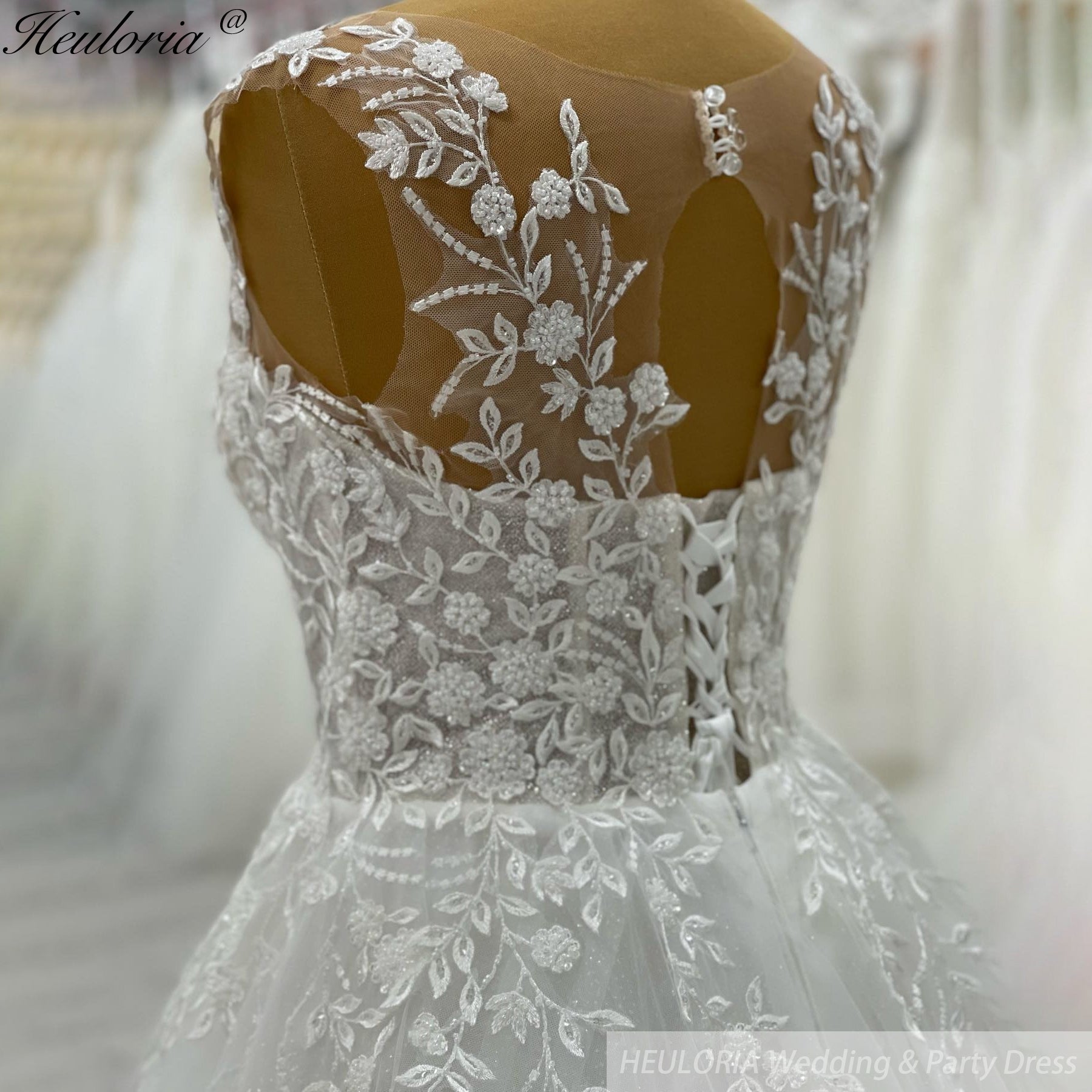 HEULORIA V Neck Sleeveless A line Wedding Dress Boho Lace Appliques Tulle Long Bridal Gowns Backless Vestidos de Novia Customized AL-1099