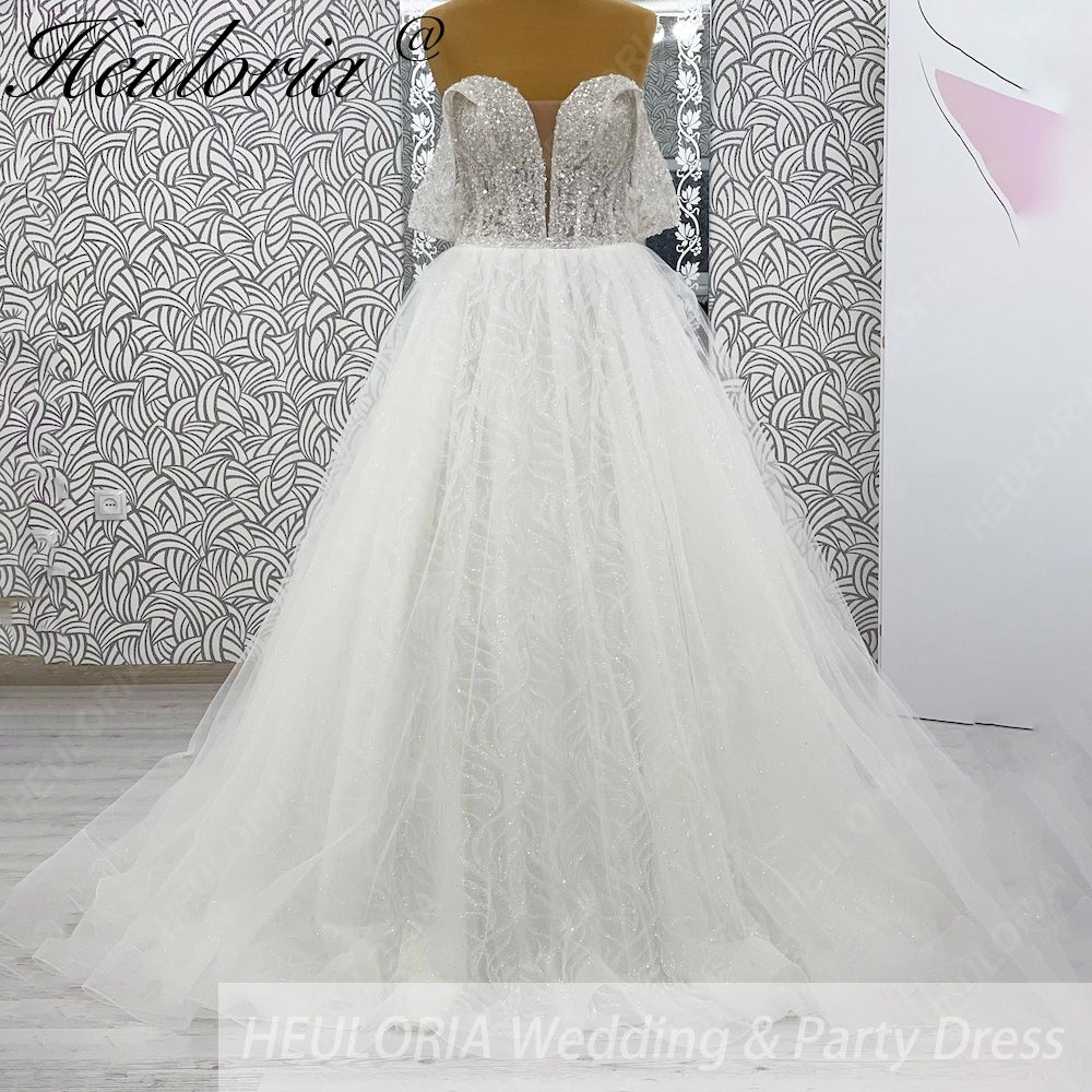 HEULORIA elegant A line wedding dress off shoulder Sparkly Glitter lace bridal dress long sleeve Robe De Mariee Wedding Bride Dress long train AL-1080