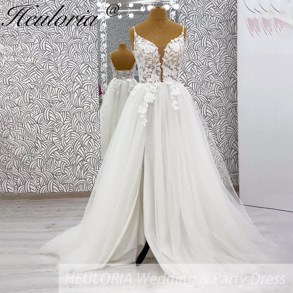 HEULORIA  elegant A line wedding dress Spaghetti Strap lace applique bridal dress Robe De Mariee Wedding Bride Dress AL-1077