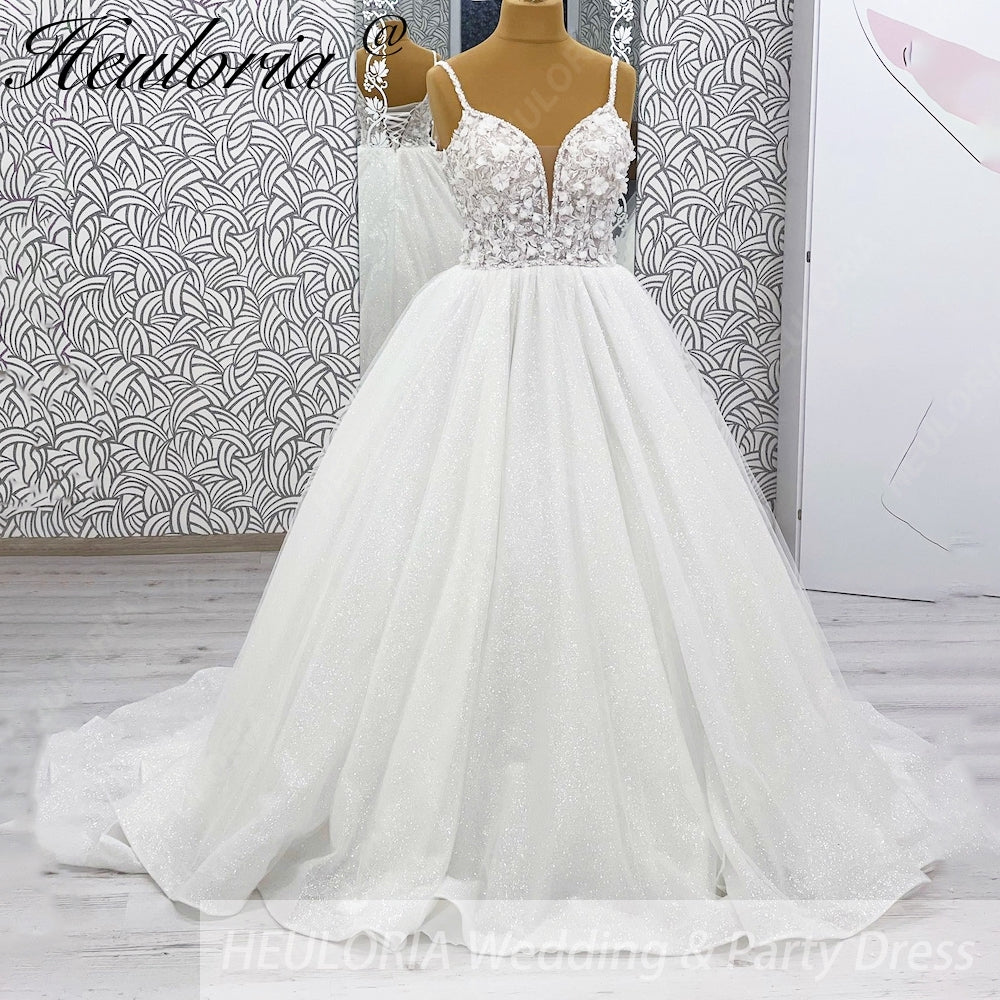 HEULORIA 3D Floral Appliqué Sparkly Ballgown Wedding Dress: Deep V-Neck & Shimmering Glitter Tulle BA-1244