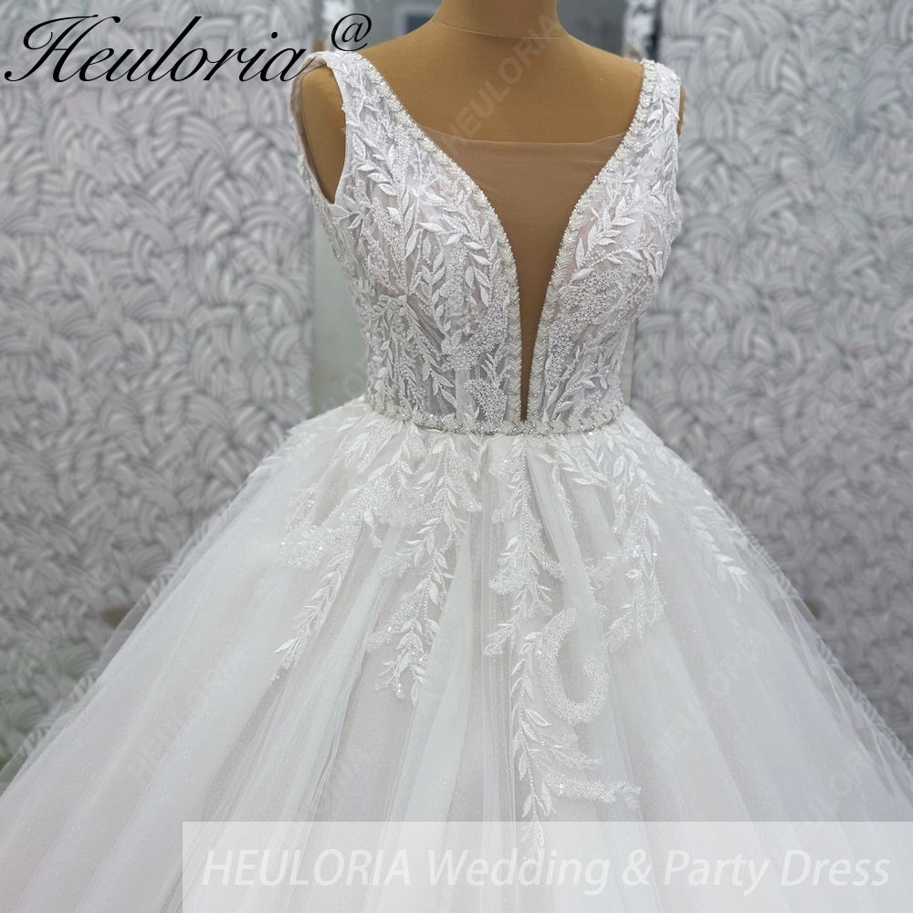 HEULORIA V Neck Sleeveless A line Wedding Dress Boho Lace Appliques Tulle Long Bridal Gowns Backless Vestidos de Novia Customized AL-1107