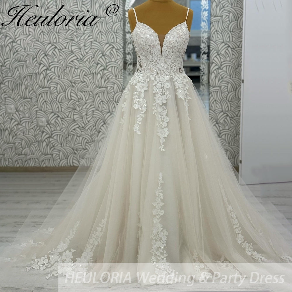 Deep V 3D Floral Lace A-Line Wedding Dress with Spaghetti Straps AL-1051 Secondary image