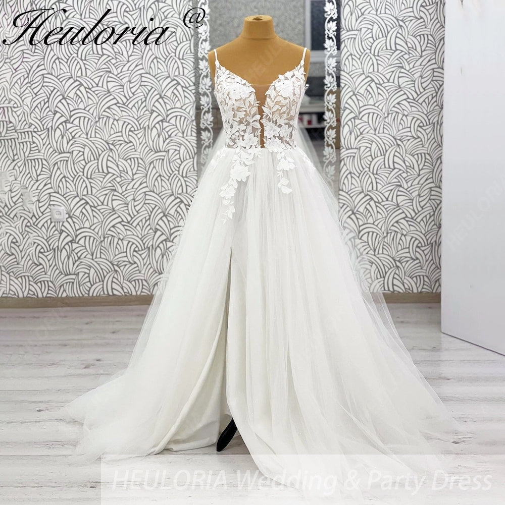 HEULORIA  elegant A line wedding dress Spaghetti Strap lace applique bridal dress Robe De Mariee Wedding Bride Dress AL-1077