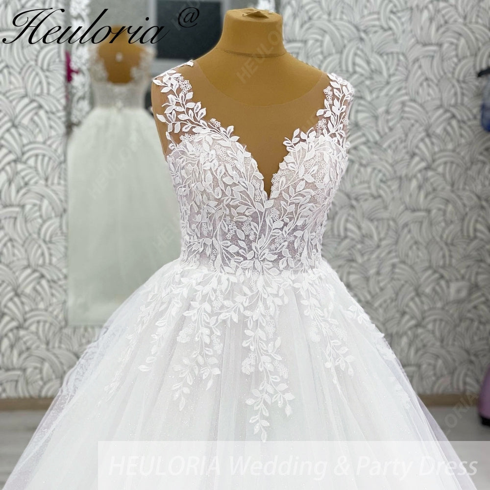 HEULORIA Ethereal Leaf Lace Plunging V-Neck A-Line Wedding Dress with Shimmer Tulle and Corset Back AL-1045
