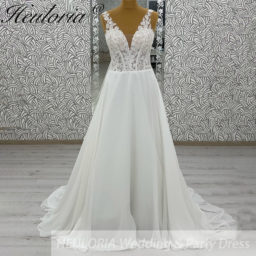 HEULORIA  elegant A line wedding dress Spaghetti Strap crepe lace chiffon bridal dress Robe De Mariee Wedding Bride Dress AL-1046