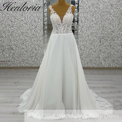 HEULORIA  elegant A line wedding dress Spaghetti Strap crepe lace chiffon bridal dress Robe De Mariee Wedding Bride Dress AL-1046