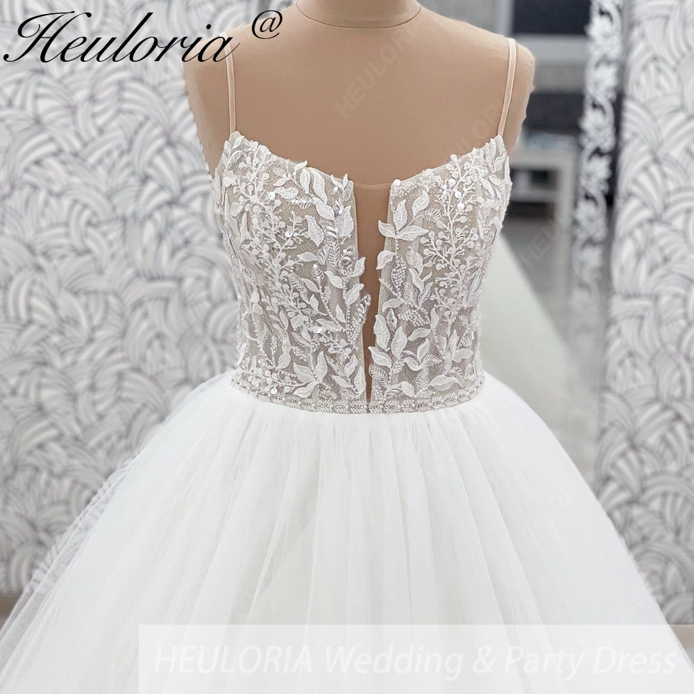 HEULORIA Ethereal Illusion Deep V-Neck Lace & Tulle Ballgown Wedding Dress with Shimmering Sequins AL-1044