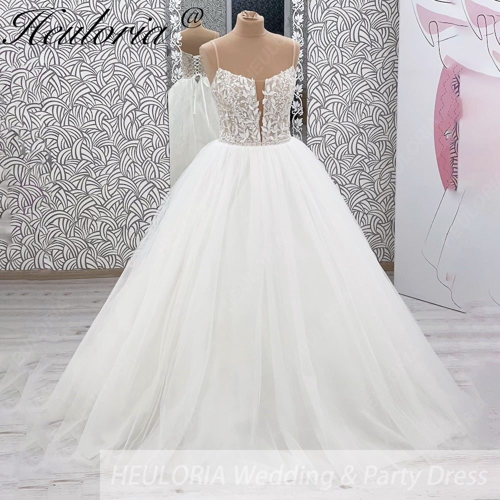 HEULORIA Ethereal Illusion Deep V-Neck Lace & Tulle Ballgown Wedding Dress with Shimmering Sequins AL-1044