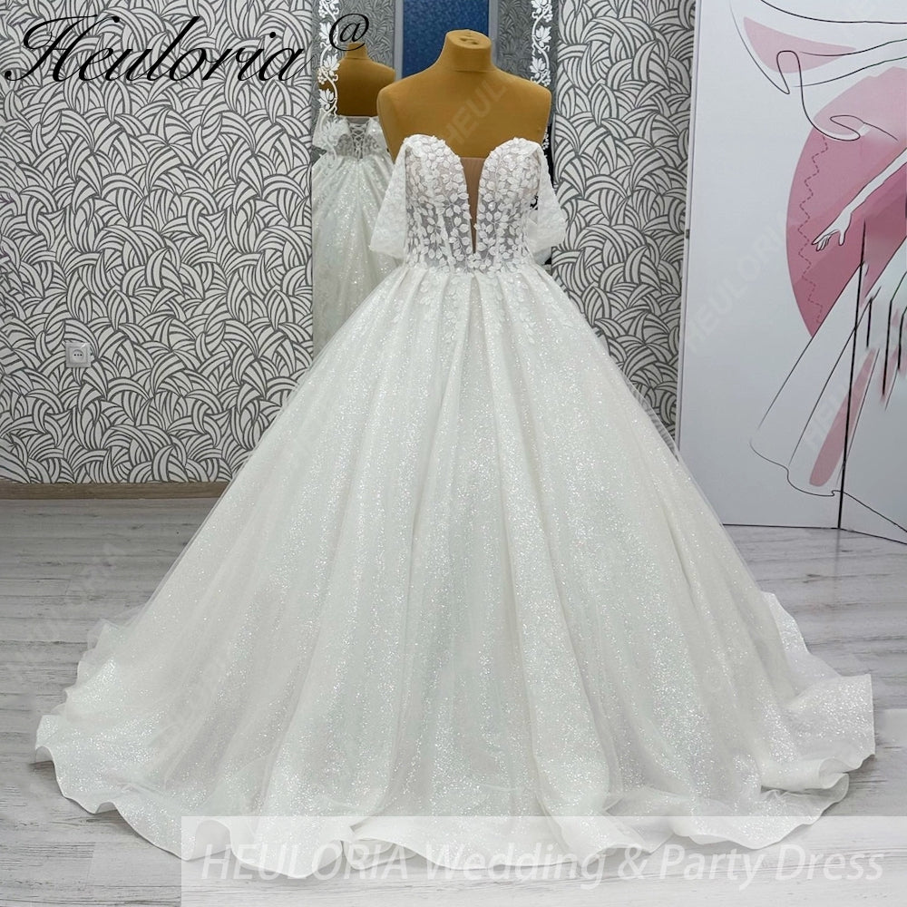 HEULORIA Ethereal Sparkle Tulle Ball Gown with Plunging Leafy Lace & Off-the-Shoulder Sleeves BA-1101