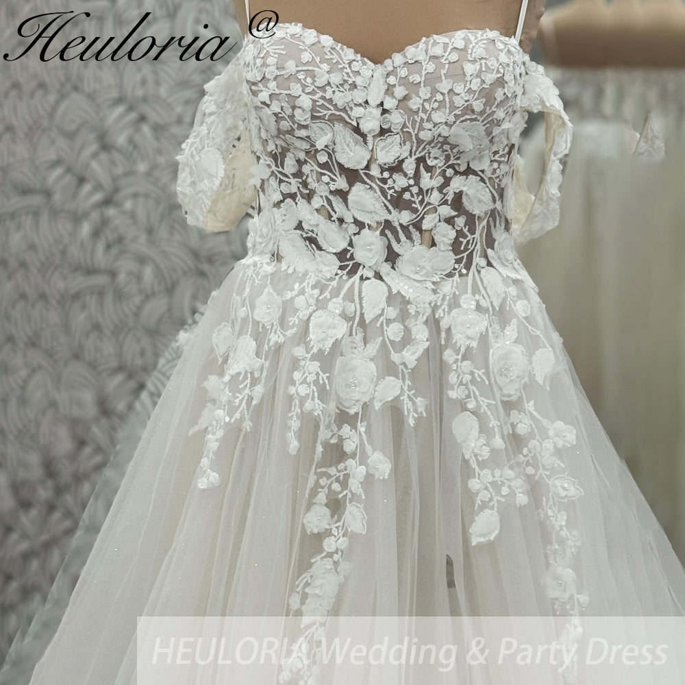 HEULORIA elegant A line wedding dress off shoulder Sparkly Glitter lace bridal dress long sleeve Robe De Mariee Wedding Bride Dress long train AL-1052