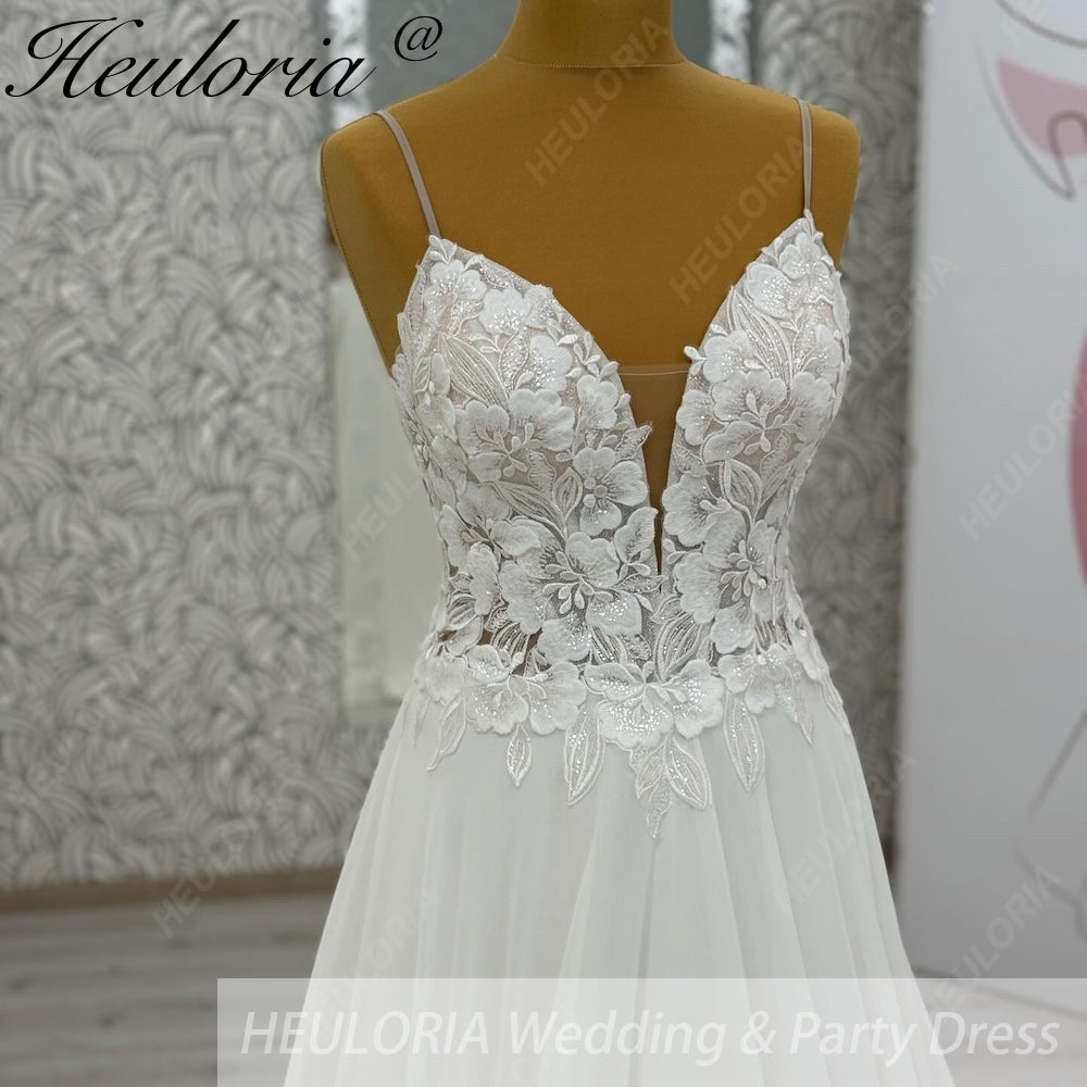 HEULORIA Ethereal Floral Lace V-Neck Wedding Dress with Unique Triple-Strap Back & Illusion Bodice AL-1049