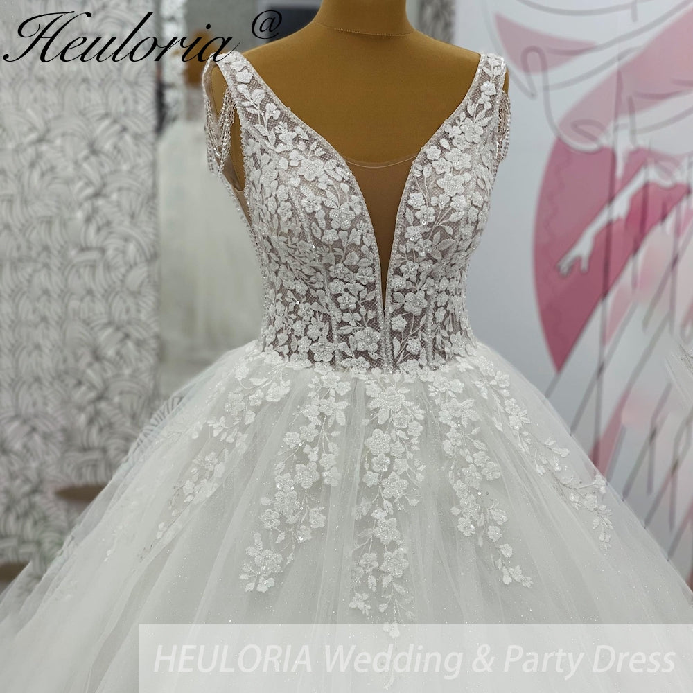 HEULORIA V Neck Sleeveless A lineWedding Dress Boho Lace Appliques Tulle Long Bridal Gowns Backless Vestidos de Novia Customized AL-1041