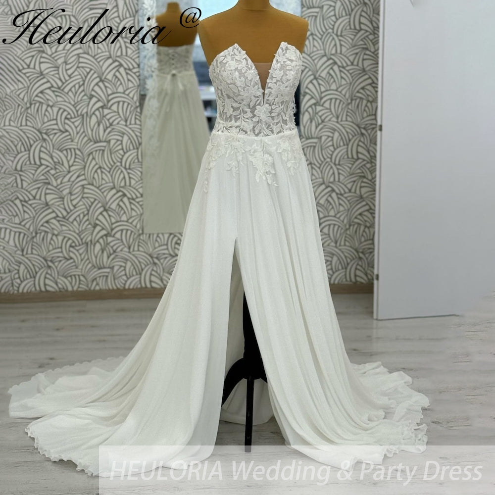 HEULORIA  elegant A line wedding dress Spaghetti Strap crepe lace chiffon bridal dress Robe De Mariee Wedding Bride Dress AL-1050