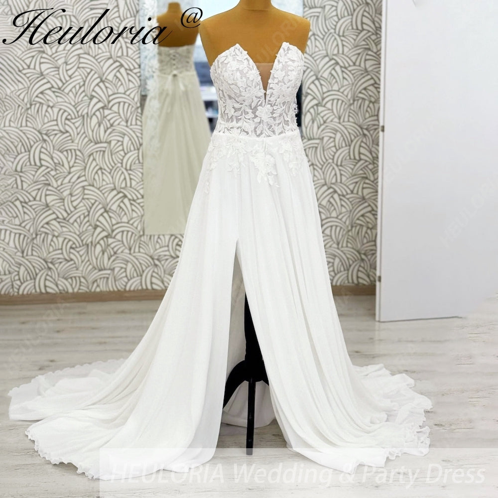 HEULORIA Strapless Plunging Sweetheart Lace Wedding Dress with High Side Slit AL-1050