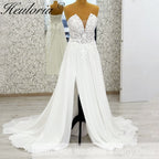 HEULORIA Strapless Plunging Sweetheart Lace Wedding Dress with High Side Slit AL-1050
