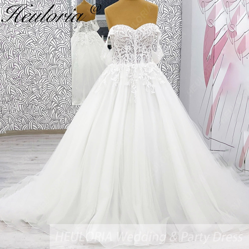 HEULORIA Ethereal Off-The-Shoulder Sweetheart Lace Wedding Dress with Chapel Train BA-1043