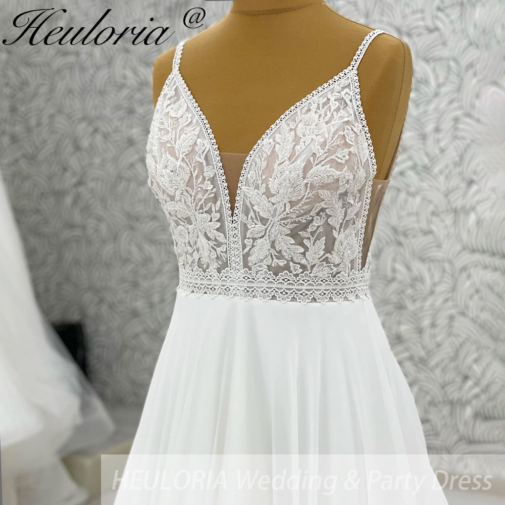 HEULORIA  elegant A line wedding dress V neck lace chiffon bridal dress Robe De Mariee Wedding Bride Dress AL-1066