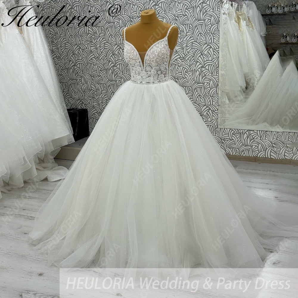 HEULORIA Sparkling Floral Lace A-Line Wedding Dress with Plunging V-Neck and Delicate Spaghetti Straps AL-1064