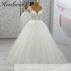 HEULORIA A line Wedding Dress V Neck Sleeveless Boho Lace Appliques Tulle Long Bridal Gowns  Customized AL-1074
