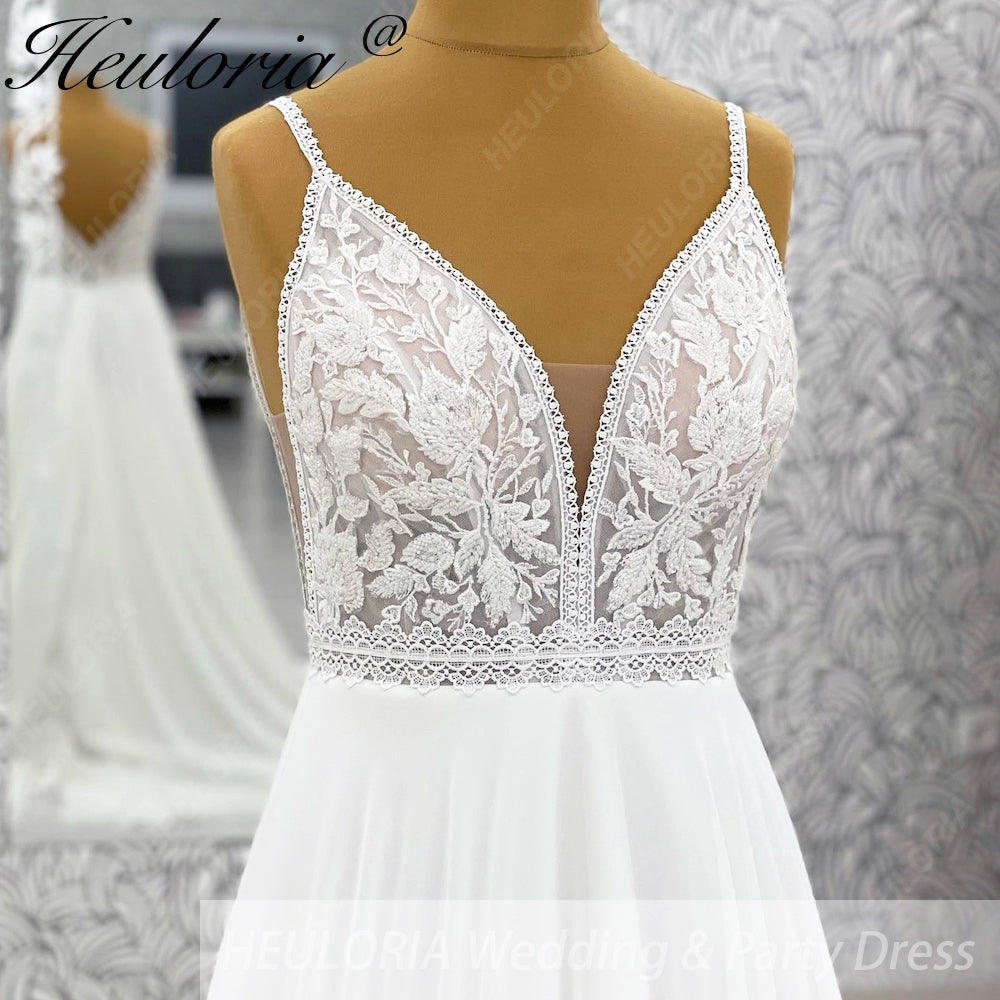 HEULORIA Romantic Boho A-Line Wedding Dress - Deep V-Neck Lace Bodice & Flowy Chiffon Skirt with Train AL-1066