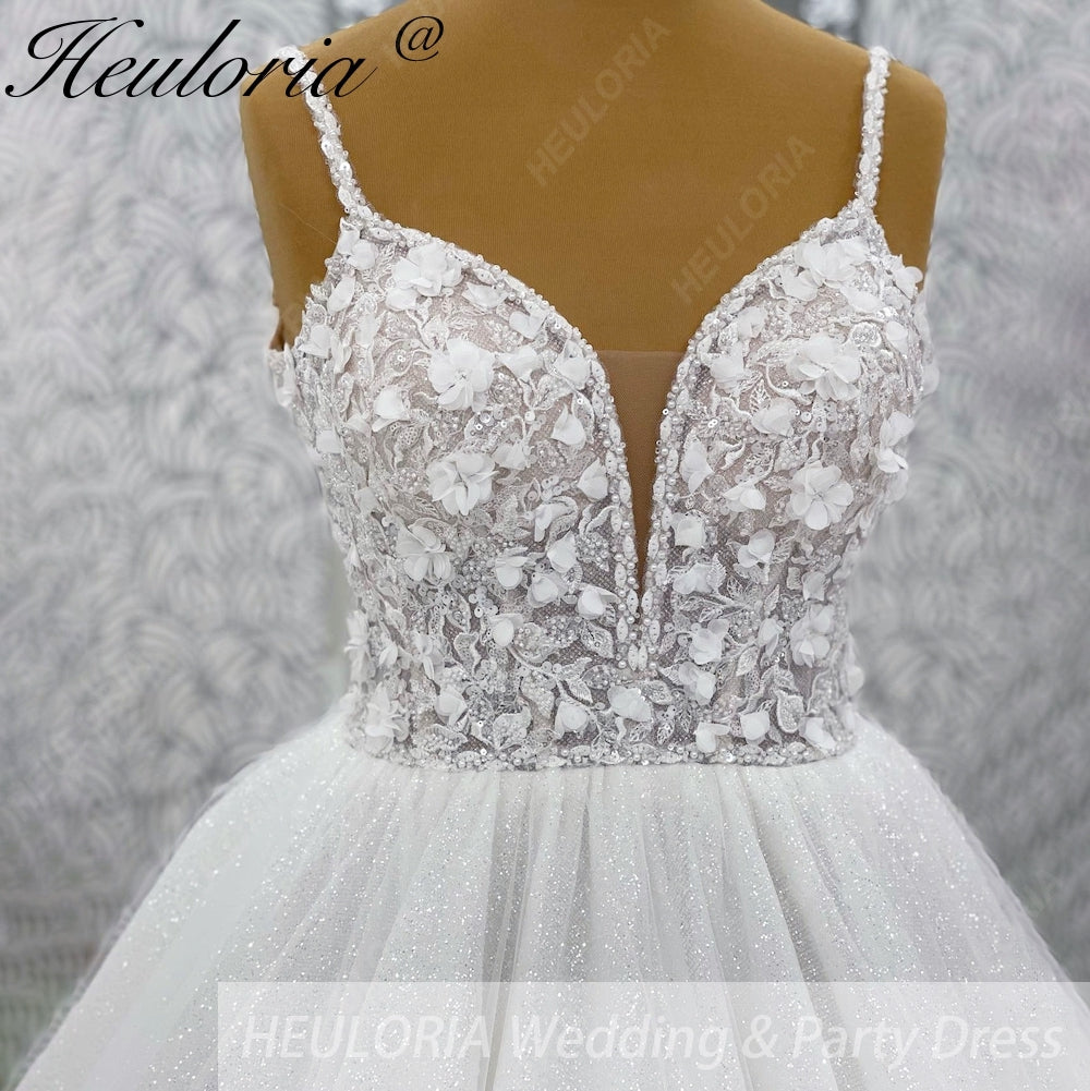 HEULORIA 3D Floral Appliqué Sparkly Ballgown Wedding Dress: Deep V-Neck & Shimmering Glitter Tulle BA-1244