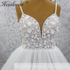 HEULORIA 3D Floral Appliqué Sparkly Ballgown Wedding Dress: Deep V-Neck & Shimmering Glitter Tulle BA-1244