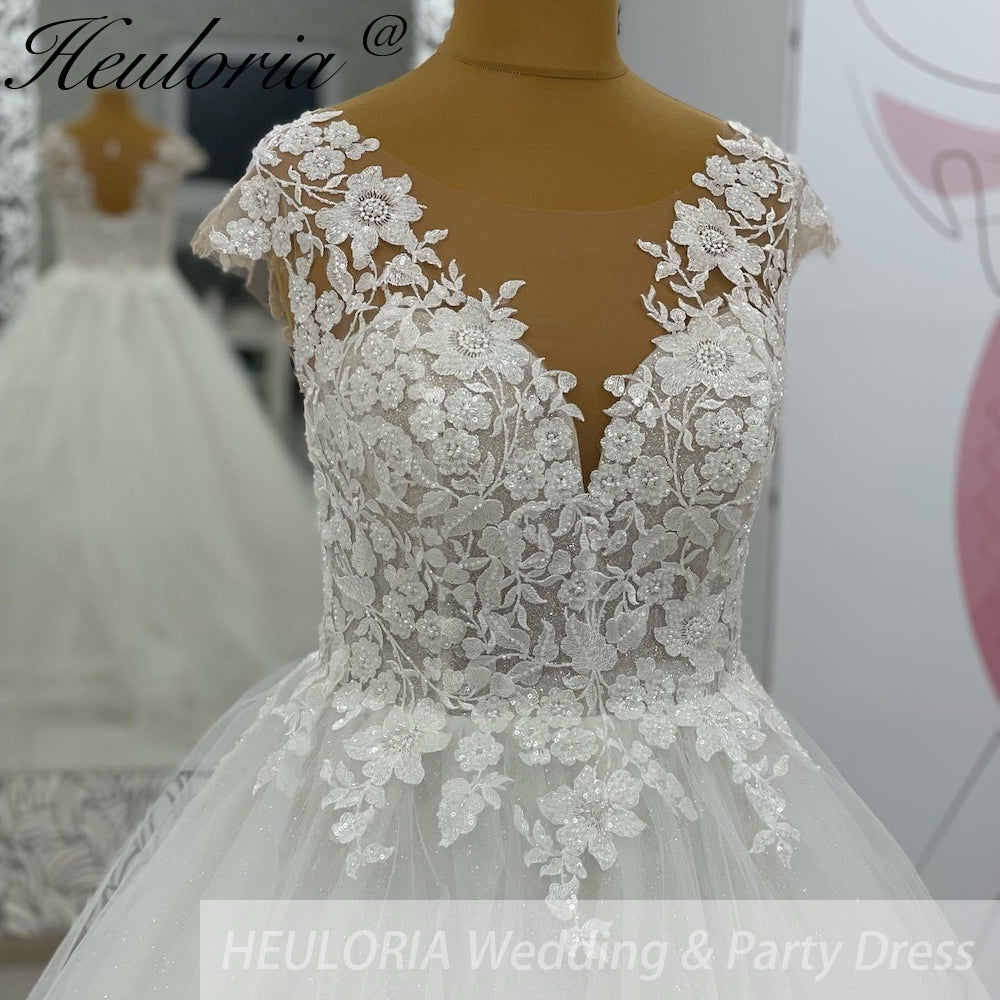HEULORIA V Neck Sleeveless A lineWedding Dress Boho Lace Appliques Tulle Long Bridal Gowns Backless Vestidos de Novia Customized AL-1042