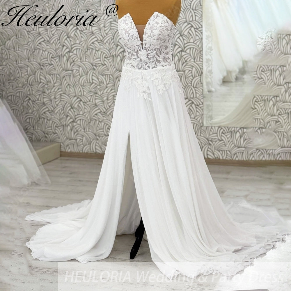 HEULORIA Strapless Plunging Sweetheart Lace Wedding Dress with High Side Slit AL-1050