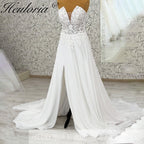 HEULORIA Strapless Plunging Sweetheart Lace Wedding Dress with High Side Slit AL-1050