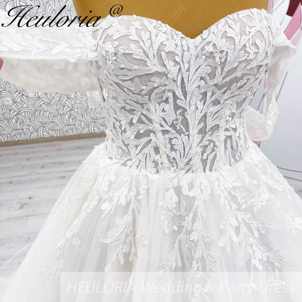 HEULORIA Ethereal Off-The-Shoulder Sweetheart Lace Wedding Dress with Chapel Train BA-1043