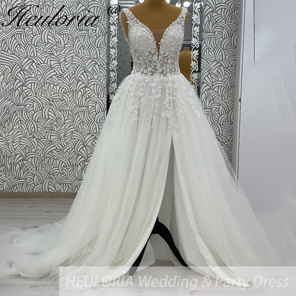 HEULORIA  elegant A line wedding dress V neck lace chiffon bridal dress Robe De Mariee Wedding Bride Dress AL-1065