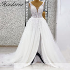 HEULORIA Botanical Leaf Lace Deep V-Neck A-Line Wedding Dress with Daring Thigh Slit & Shimmer Tulle AL-1065