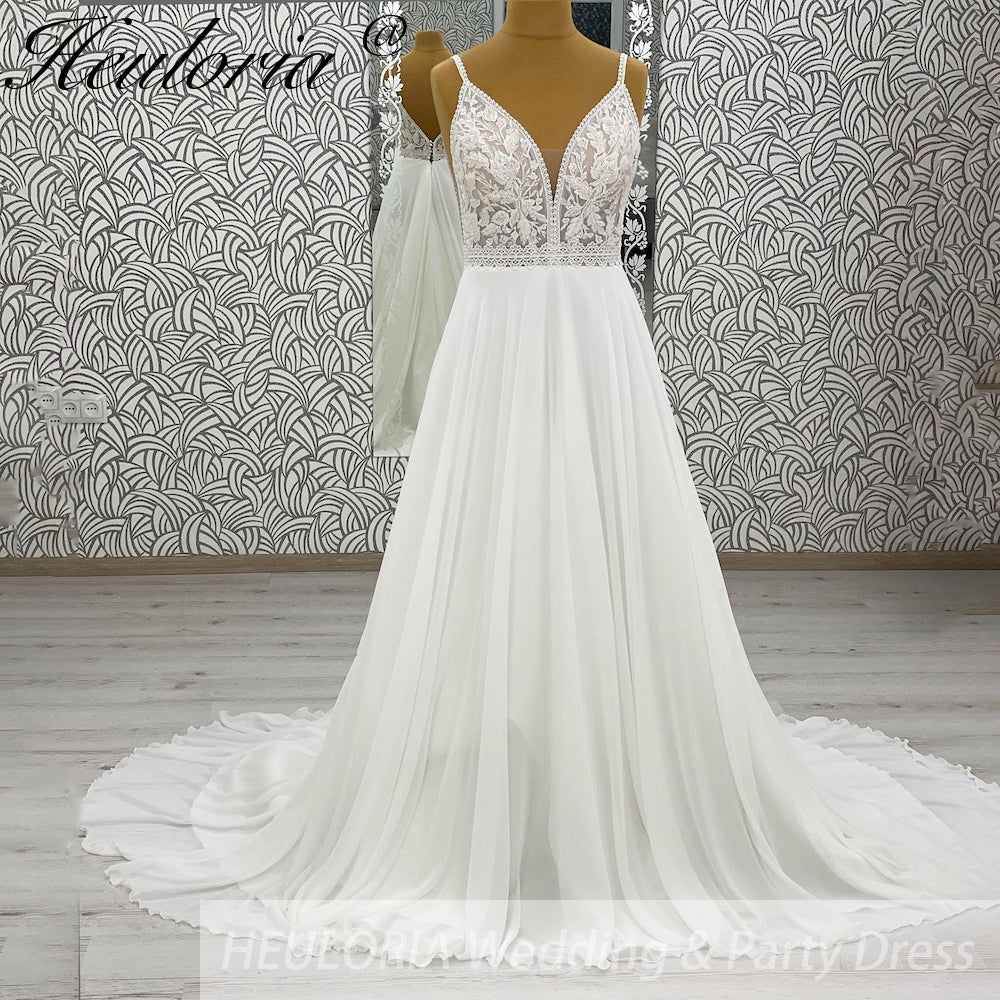 HEULORIA  elegant A line wedding dress V neck lace chiffon bridal dress Robe De Mariee Wedding Bride Dress AL-1066 Main image