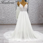 HEULORIA Romantic Boho A-Line Wedding Dress - Deep V-Neck Lace Bodice & Flowy Chiffon Skirt with Train AL-1066