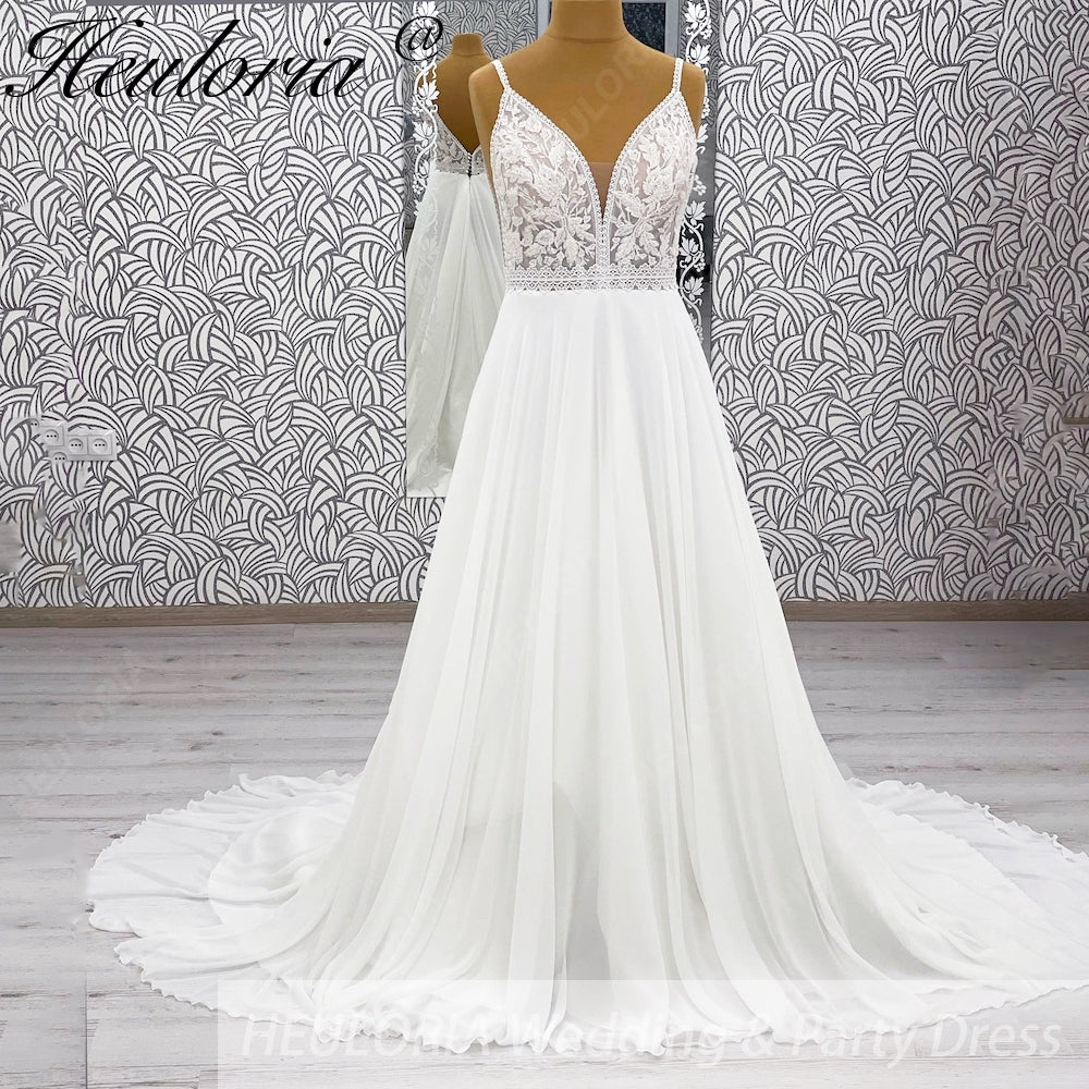 HEULORIA Romantic Boho A-Line Wedding Dress - Deep V-Neck Lace Bodice & Flowy Chiffon Skirt with Train AL-1066