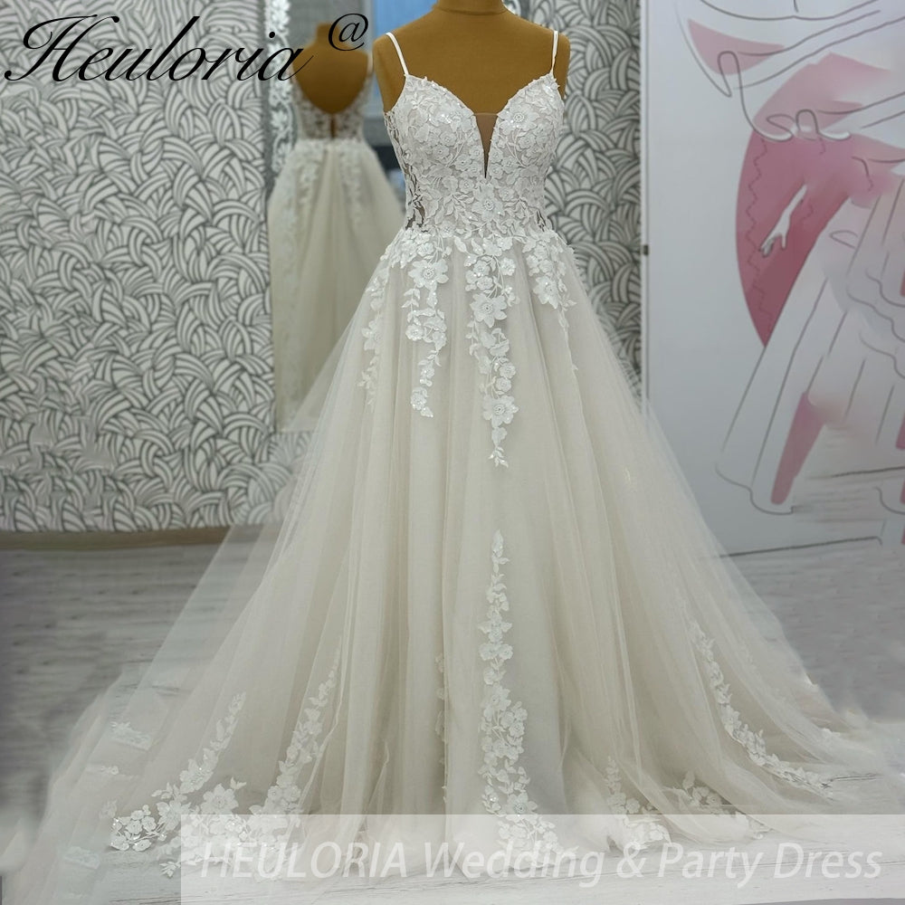 HEULORIA V Neck Sleeveless A line Wedding Dress Boho Lace Appliques Tulle Long Bridal Gowns Backless Vestidos de Novia Customized AL-1051
