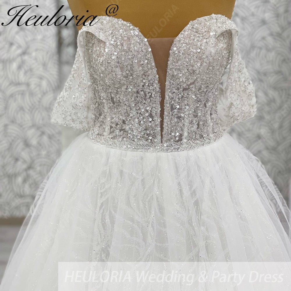 HEULORIA elegant A line wedding dress off shoulder Sparkly Glitter lace bridal dress long sleeve Robe De Mariee Wedding Bride Dress long train AL-1080