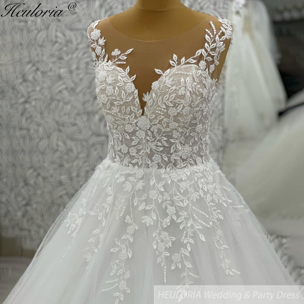 HEULORIA V Neck Sleeveless A line Wedding Dress Boho Lace Appliques Tulle Long Bridal Gowns Backless Vestidos de Novia Customized AL-1099