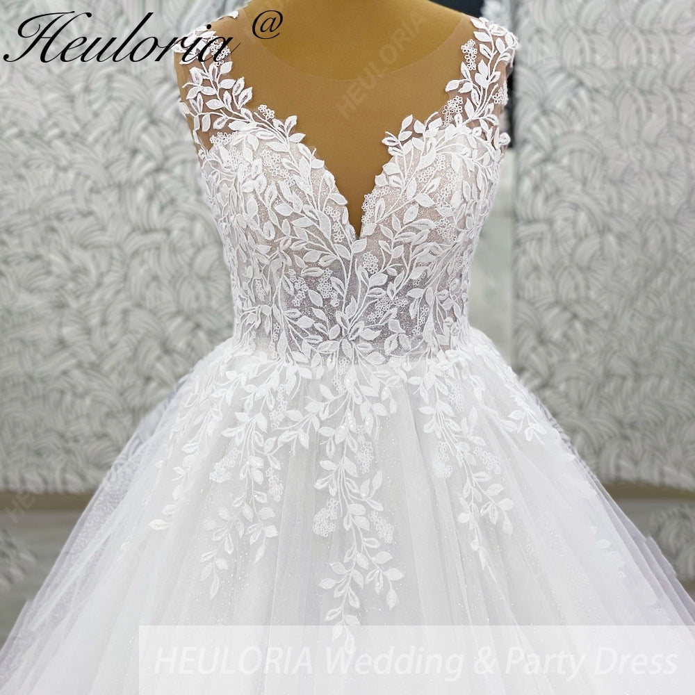 HEULORIA Ethereal Leaf Lace Plunging V-Neck A-Line Wedding Dress with Shimmer Tulle and Corset Back AL-1045