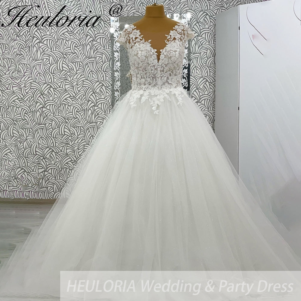 HEULORIA V Neck Sleeveless A lineWedding Dress Boho Lace Appliques Tulle Long Bridal Gowns Backless Vestidos de Novia Customized AL-1042