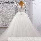 HEULORIA 3D Floral Lace A-Line Wedding Dress with Illusion V-Neck & Romantic Cap Sleeves AL-1042