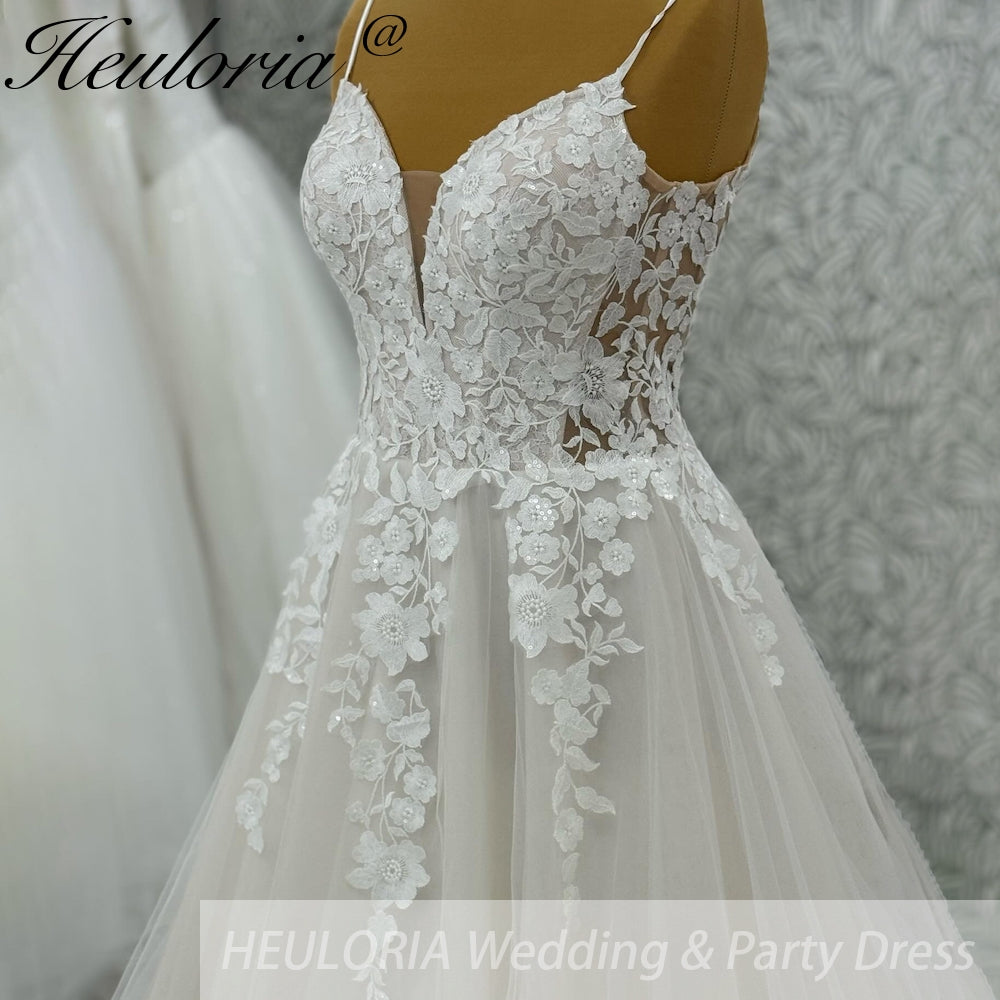 HEULORIA V Neck Sleeveless A line Wedding Dress Boho Lace Appliques Tulle Long Bridal Gowns Backless Vestidos de Novia Customized AL-1051