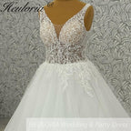 HEULORIA V Neck Sleeveless A line Wedding Dress Boho Lace Appliques Tulle Long Bridal Gowns Backless Vestidos de Novia Customized AL-1063