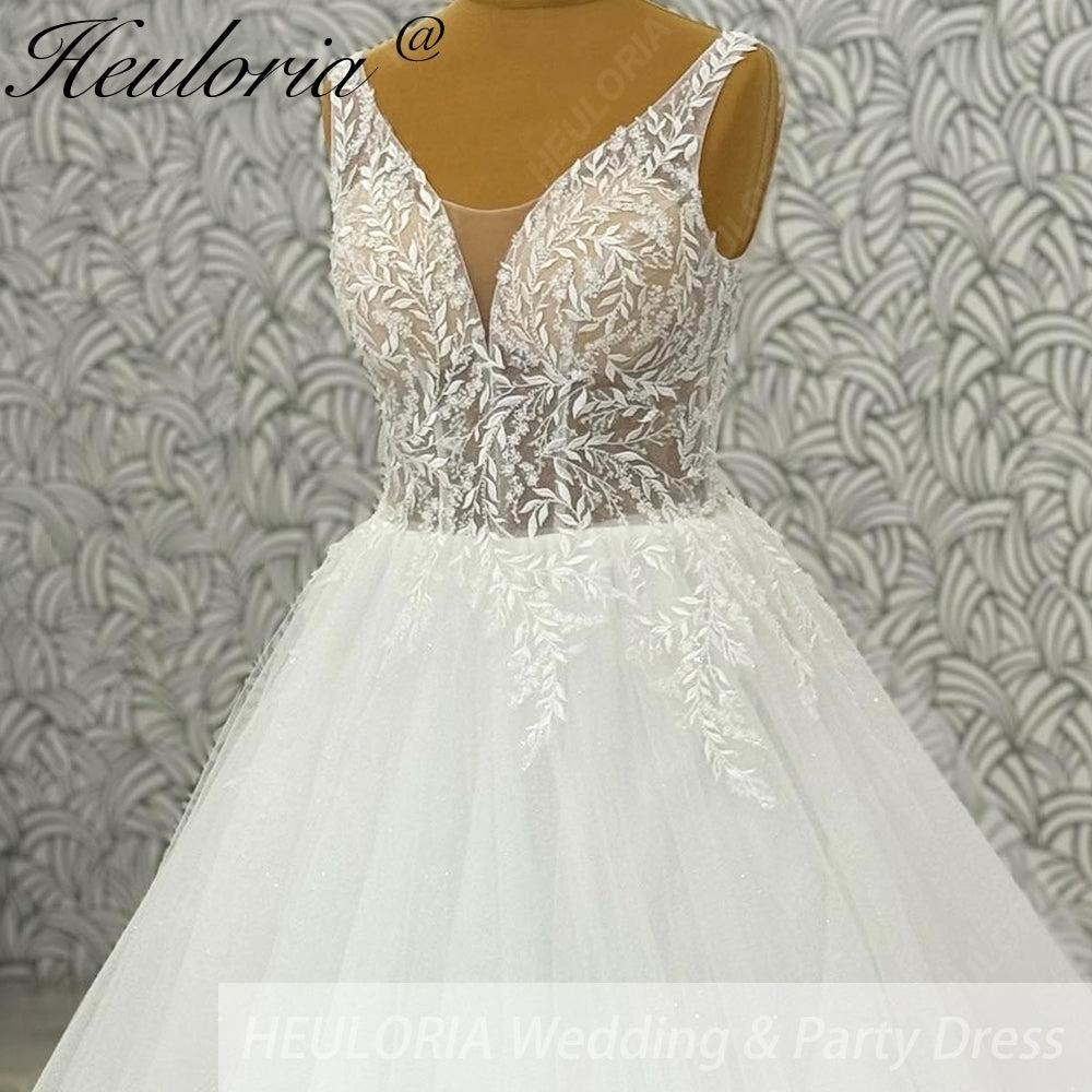 HEULORIA Ethereal Deep V-Neck Leaf Lace A-Line Wedding Dress - Shimmering Sequin Tulle & Corset Back AL-1063