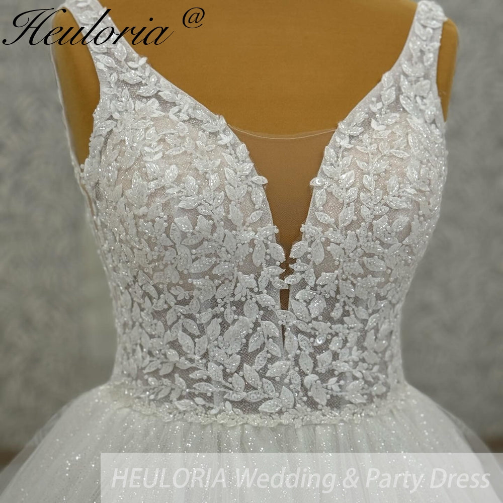 HEULORIA V Neck Sleeveless A line Wedding Dress Boho Lace Appliques Tulle Long Bridal Gowns Backless Vestidos de Novia Customized AL-1059