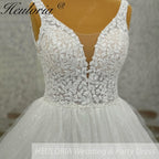 HEULORIA Radiant Sparkle A-Line Wedding Dress - Plunging V-Neck with Illusion Mesh & Leaf Lace Bodice AL-1059