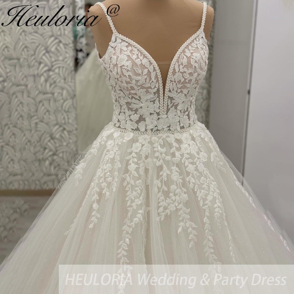 HEULORIA  elegant A line wedding dress Spaghetti Strap lace applique bridal dress Robe De Mariee Wedding Bride Dress AL-1048