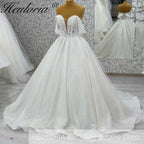 HEULORIA Ethereal Sparkle Tulle Ball Gown with Plunging Leafy Lace & Off-the-Shoulder Sleeves BA-1101